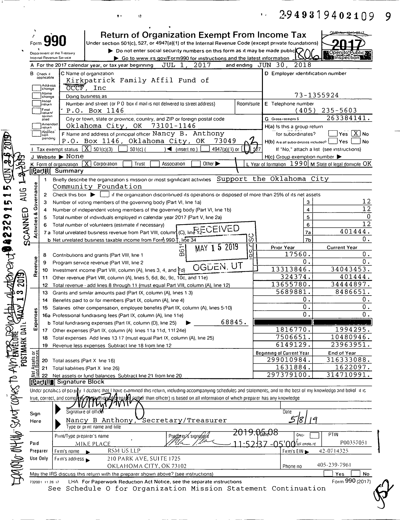 Image of first page of 2017 Form 990 for Kirkpatrick Family Affiliated Fund of Occf