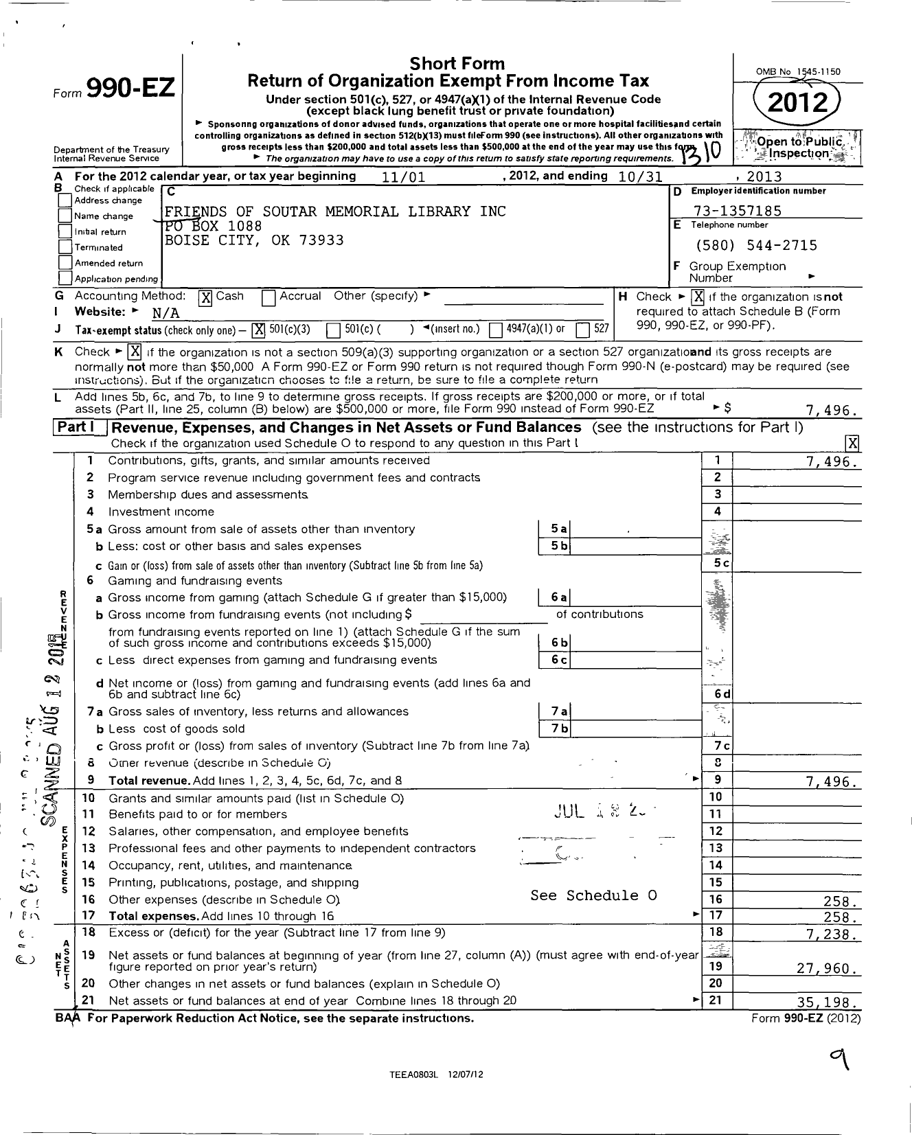 Image of first page of 2012 Form 990EZ for Friends of Soutar Memorial Library