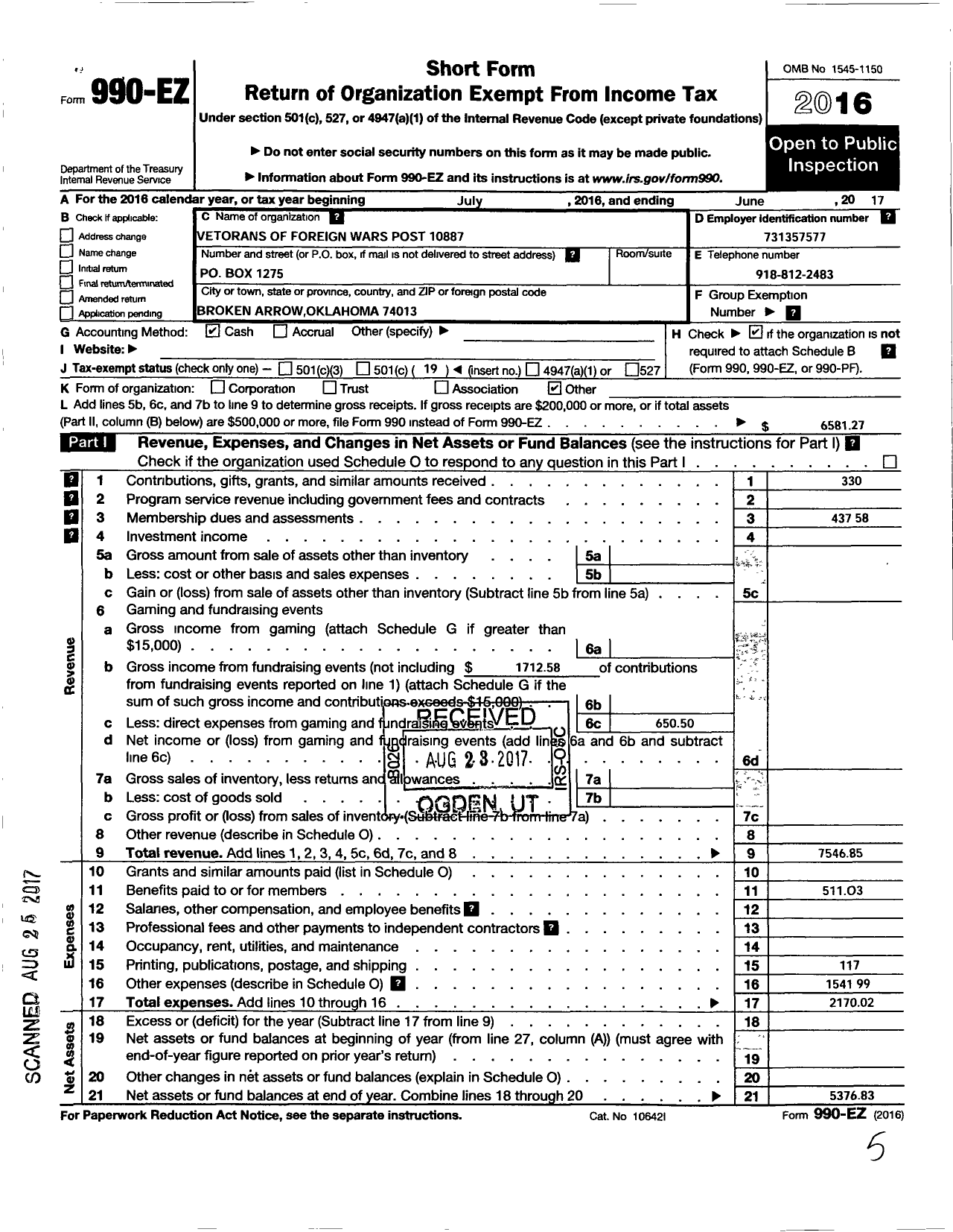 Image of first page of 2016 Form 990EO for Veterans of Foreign Wars of the United States Dept of Oklahoma - 10887