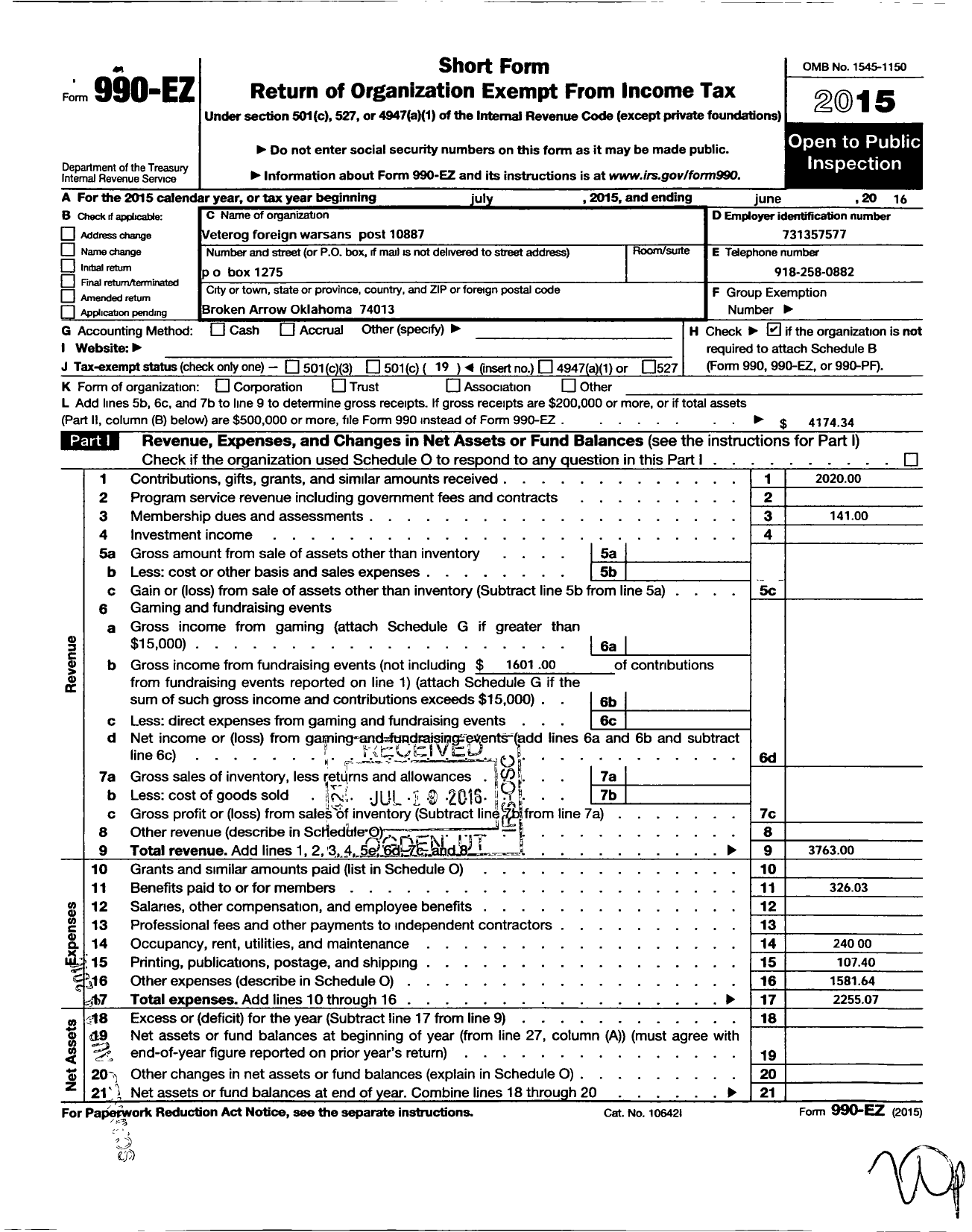 Image of first page of 2015 Form 990EO for Veterans of Foreign Wars of the United States Dept of Oklahoma - 10887