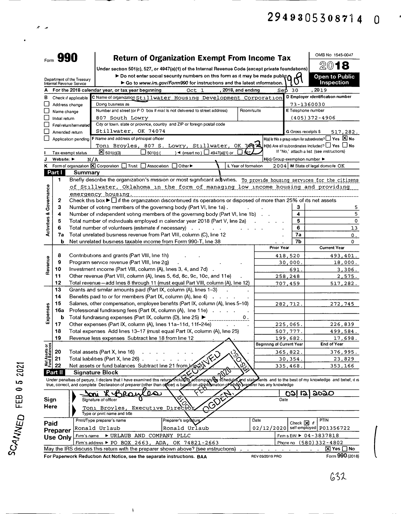 Image of first page of 2018 Form 990 for Stillwater Housing Development Corporation