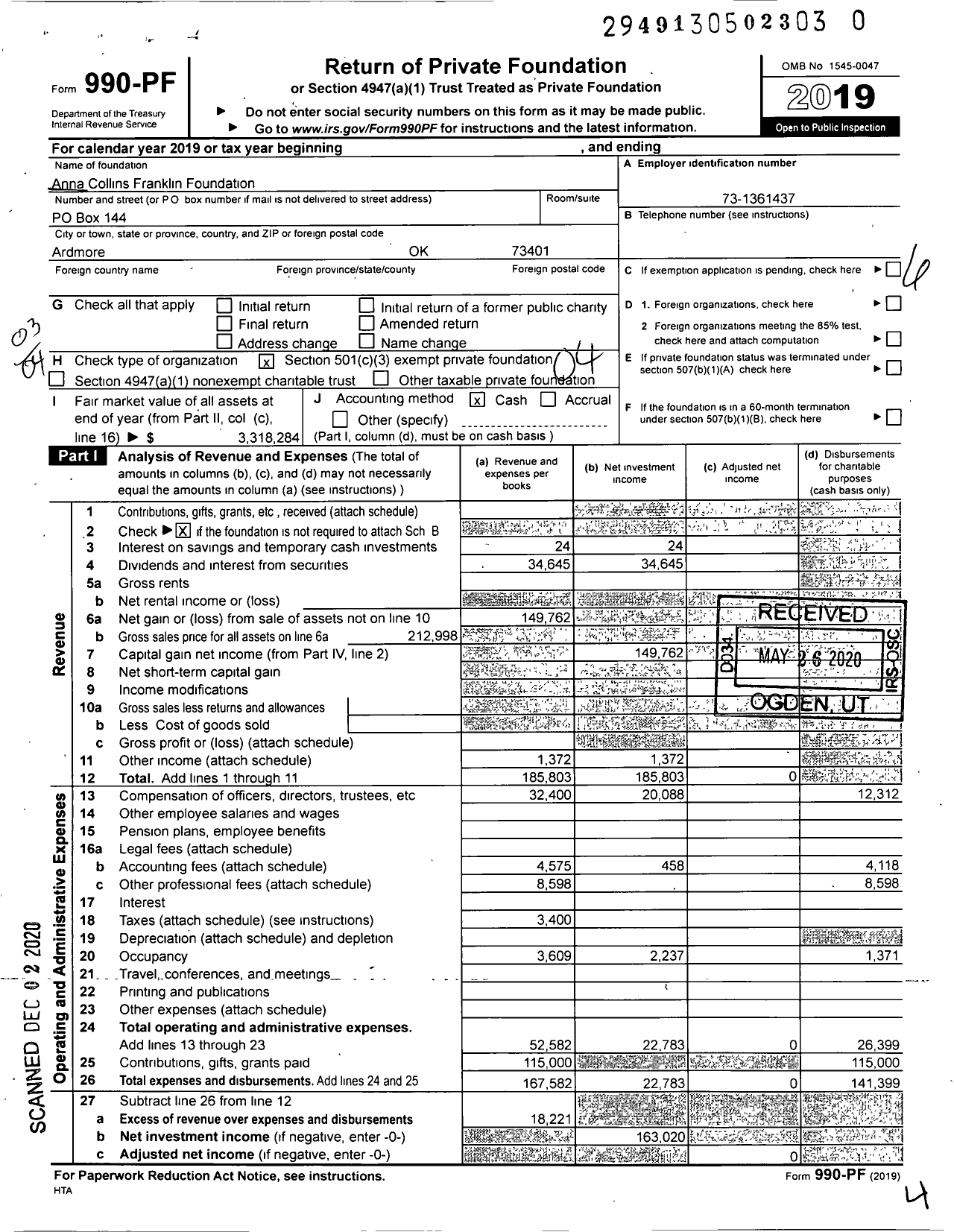 Image of first page of 2019 Form 990PF for Anna Collins Franklin Foundation
