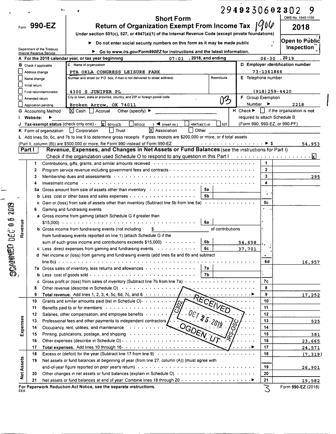 Image of first page of 2018 Form 990EZ for PTA Oklahoma Congress / Leisure Park