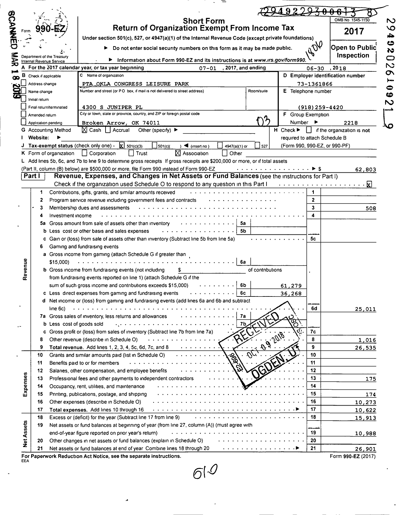 Image of first page of 2017 Form 990EZ for PTA Oklahoma Congress / Leisure Park