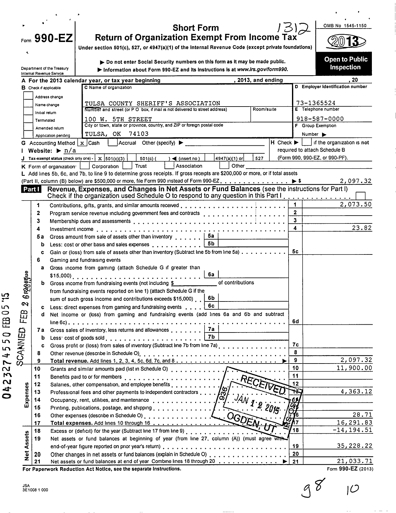 Image of first page of 2013 Form 990EZ for Tulsa County Sheriffs Association