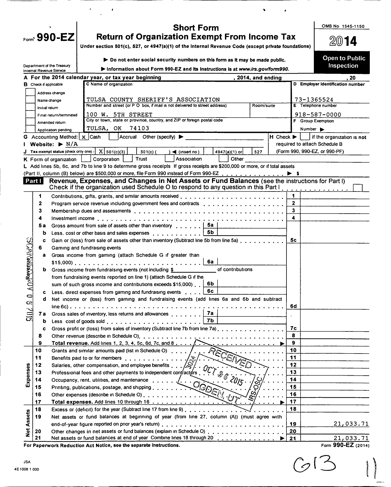 Image of first page of 2014 Form 990EZ for Tulsa County Sheriffs Association