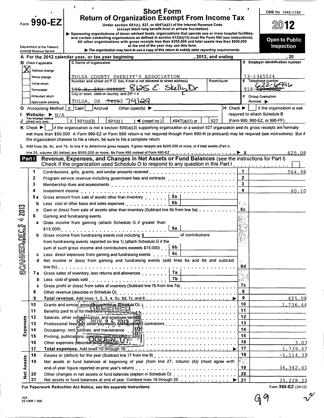 Image of first page of 2012 Form 990EZ for Tulsa County Sheriffs Association