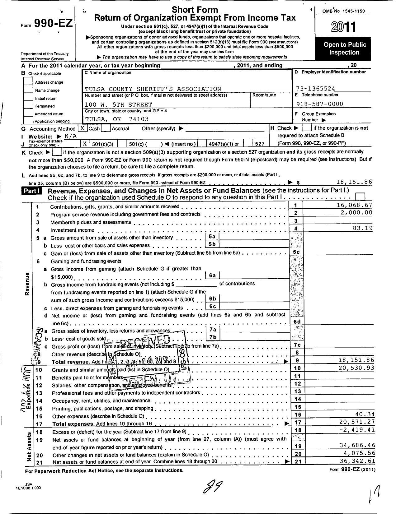 Image of first page of 2011 Form 990EZ for Tulsa County Sheriffs Association