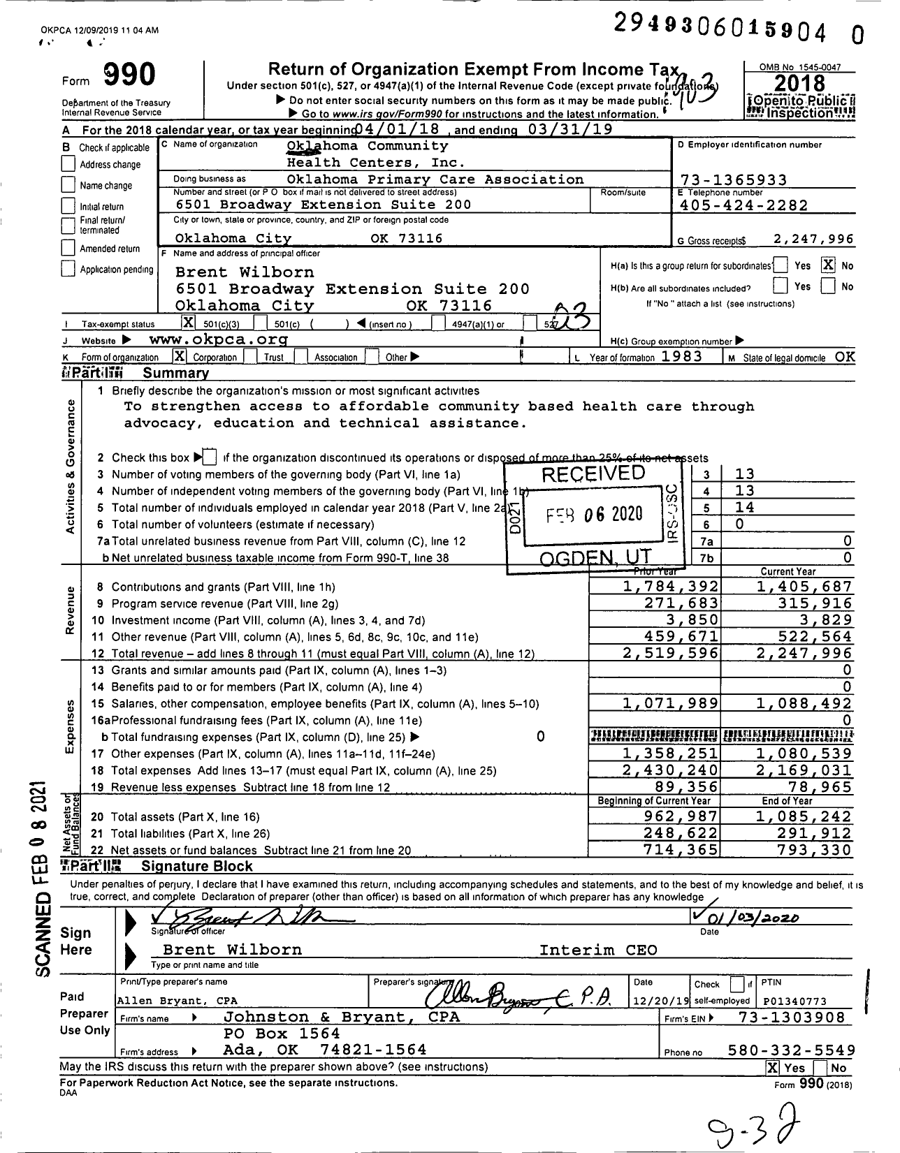 Image of first page of 2018 Form 990 for Oklahoma Primary Care Association