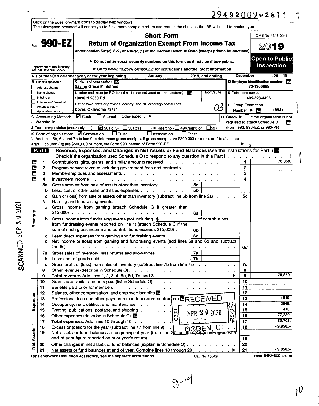 Image of first page of 2019 Form 990EZ for Saving Grace Ministries