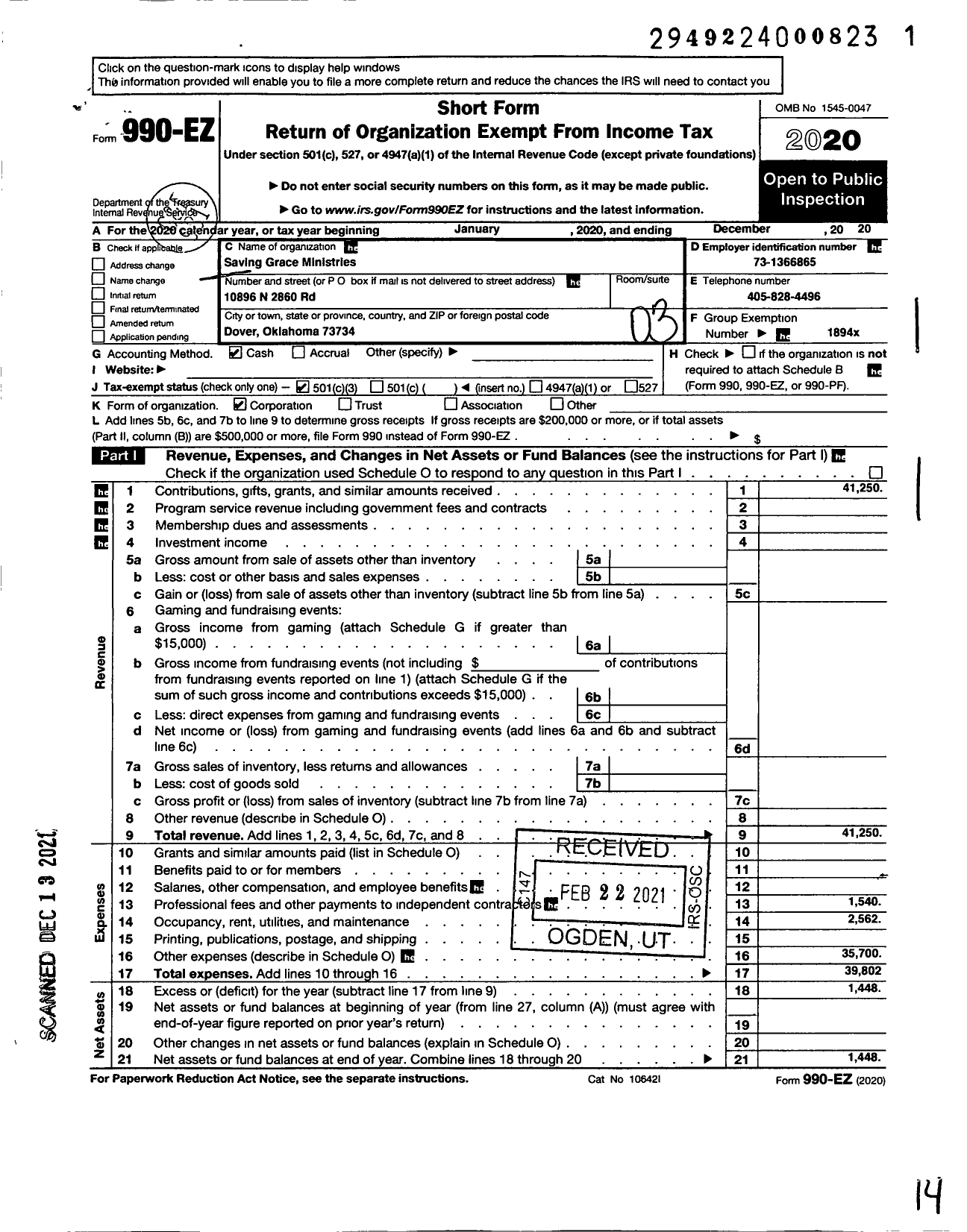 Image of first page of 2020 Form 990EZ for Saving Grace Ministries