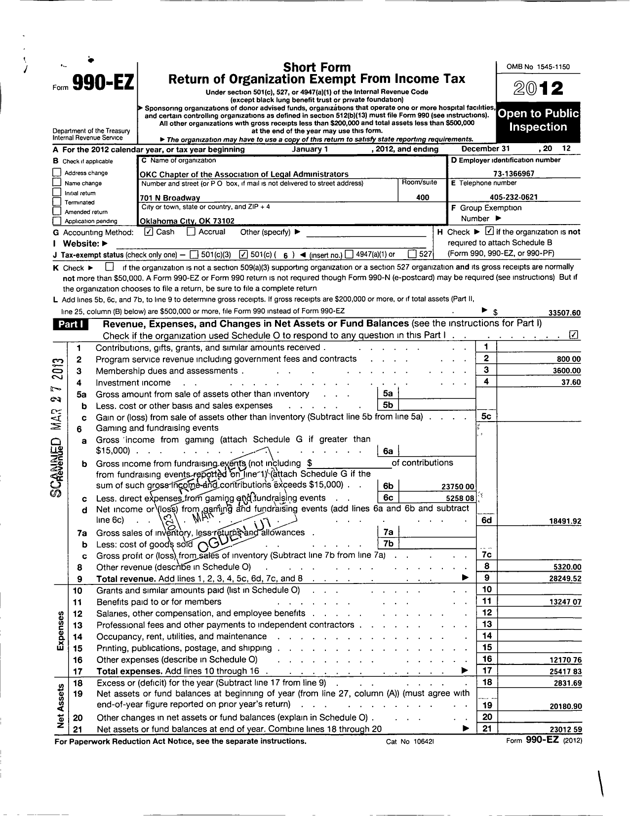 Image of first page of 2012 Form 990EO for Oklahoma City Chapter of the Association of Legal Administrators