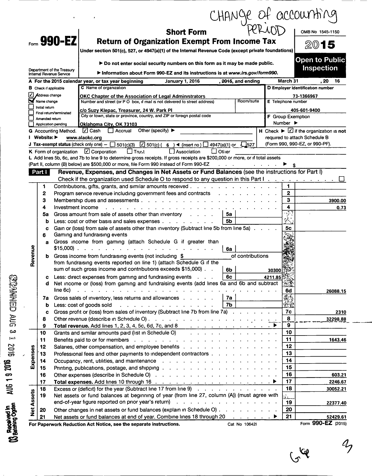 Image of first page of 2015 Form 990EO for Oklahoma City Chapter of the Association of Legal Administrators