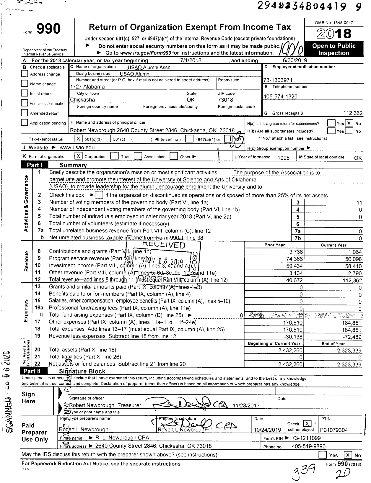 Image of first page of 2018 Form 990 for USAO Alumni Association