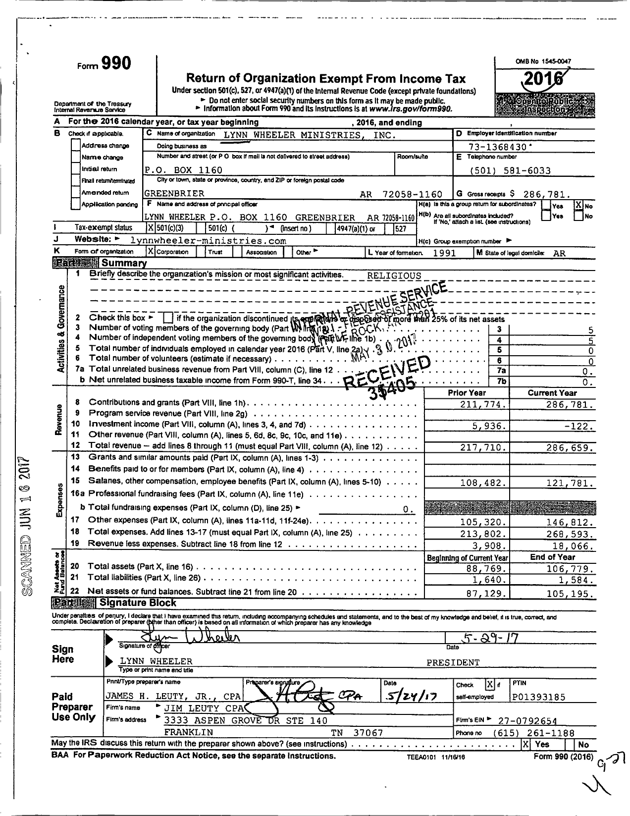 Image of first page of 2016 Form 990 for Lynn Wheeler Ministries