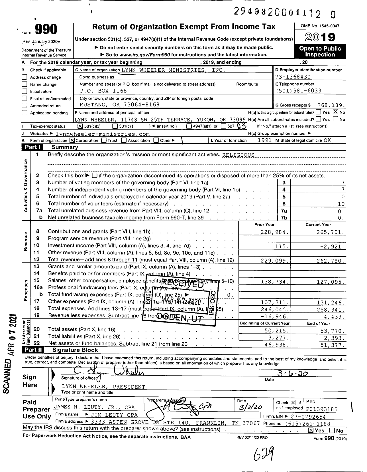 Image of first page of 2019 Form 990 for Lynn Wheeler Ministries