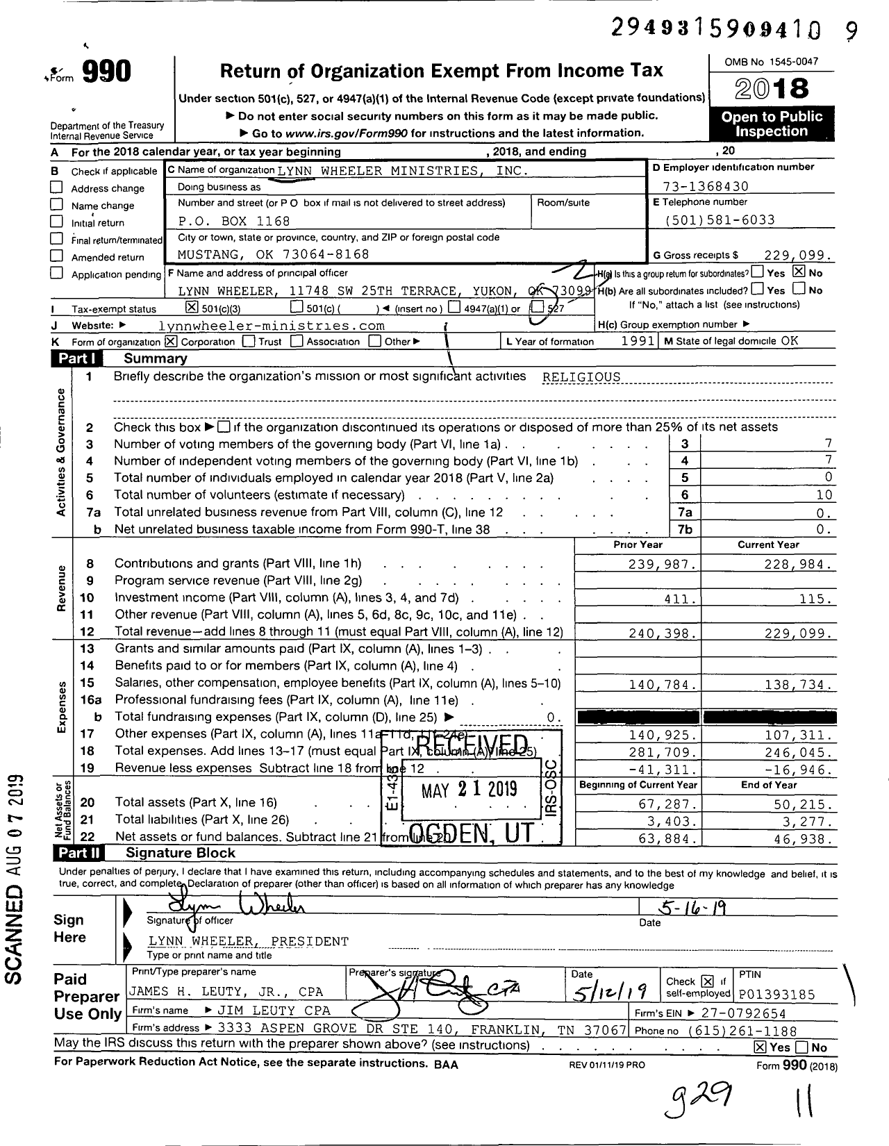 Image of first page of 2018 Form 990 for Lynn Wheeler Ministries