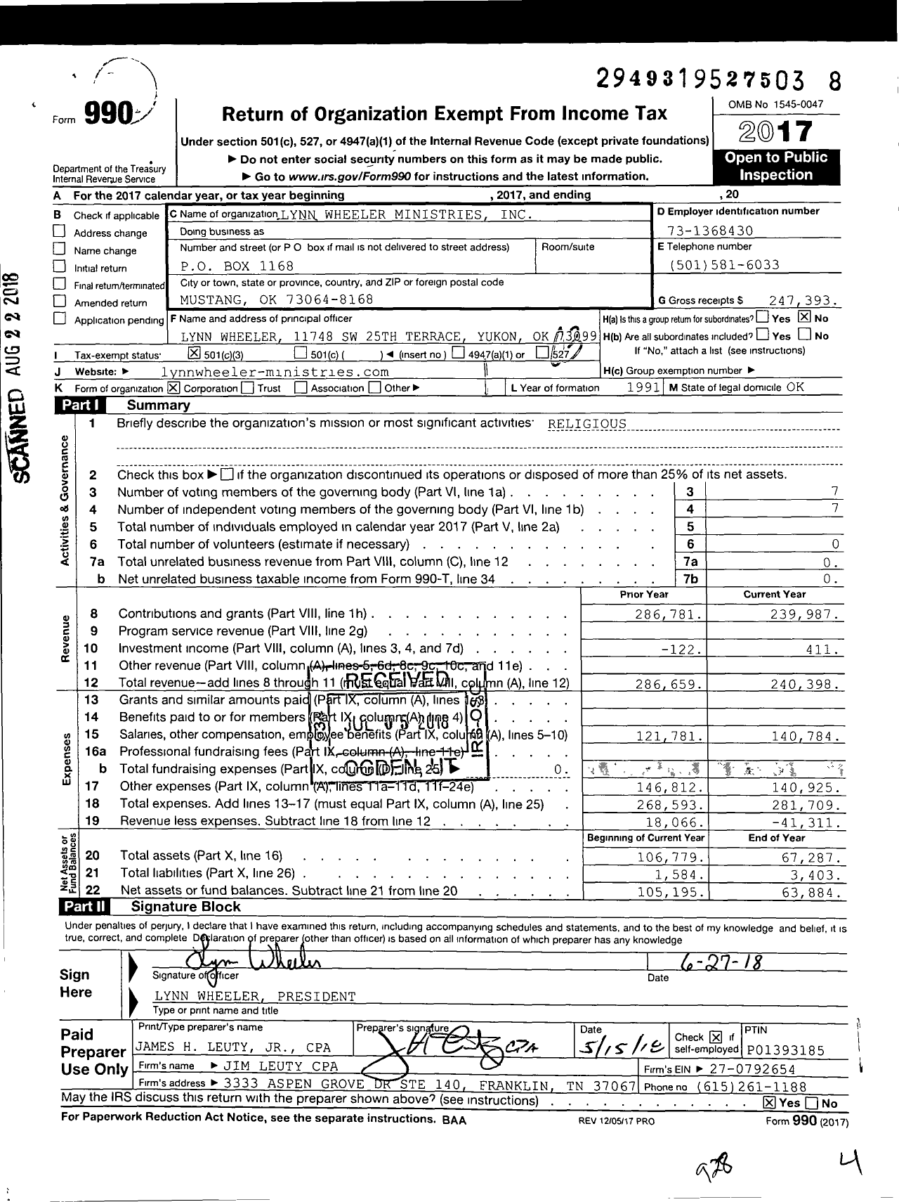 Image of first page of 2017 Form 990 for Lynn Wheeler Ministries