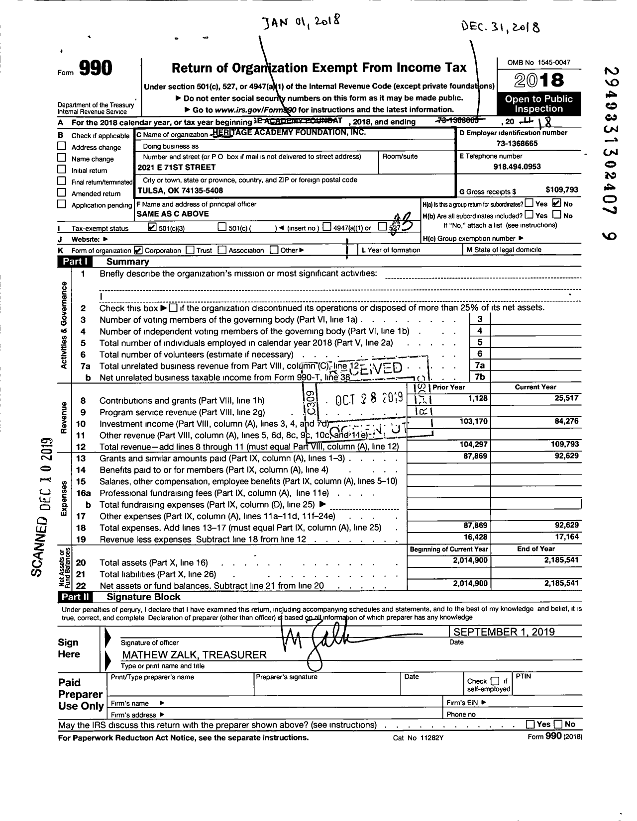 Image of first page of 2018 Form 990 for Heritage Academy Foundation