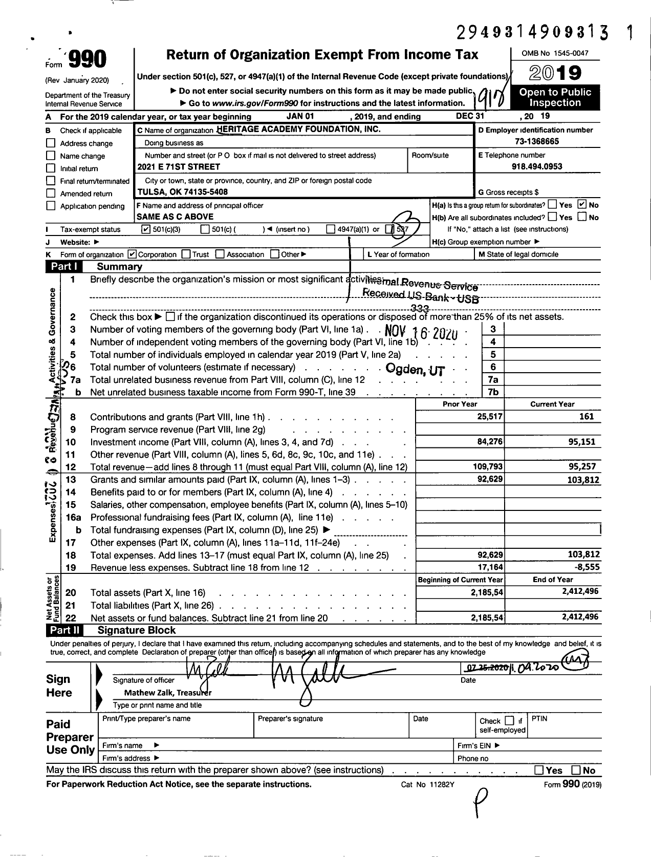 Image of first page of 2019 Form 990 for Heritage Academy Foundation