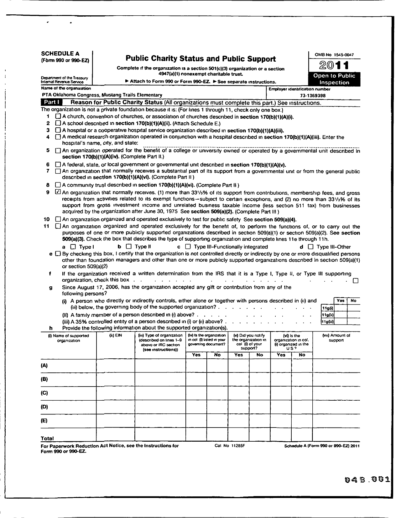 Image of first page of 2011 Form 990ER for PTA Oklahoma Congress Mustang Trails Elementary