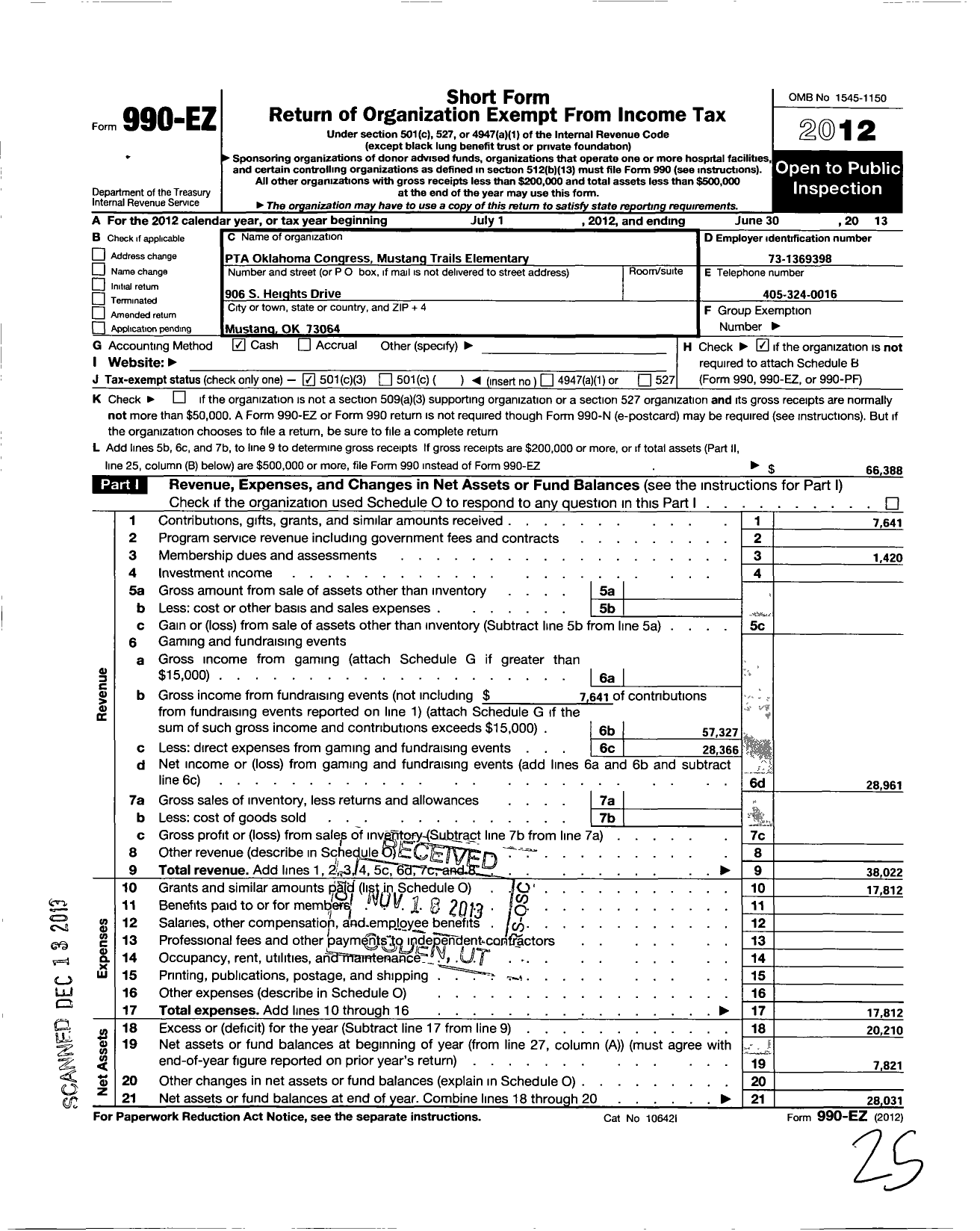 Image of first page of 2012 Form 990EZ for PTA Oklahoma Congress Mustang Trails Elementary