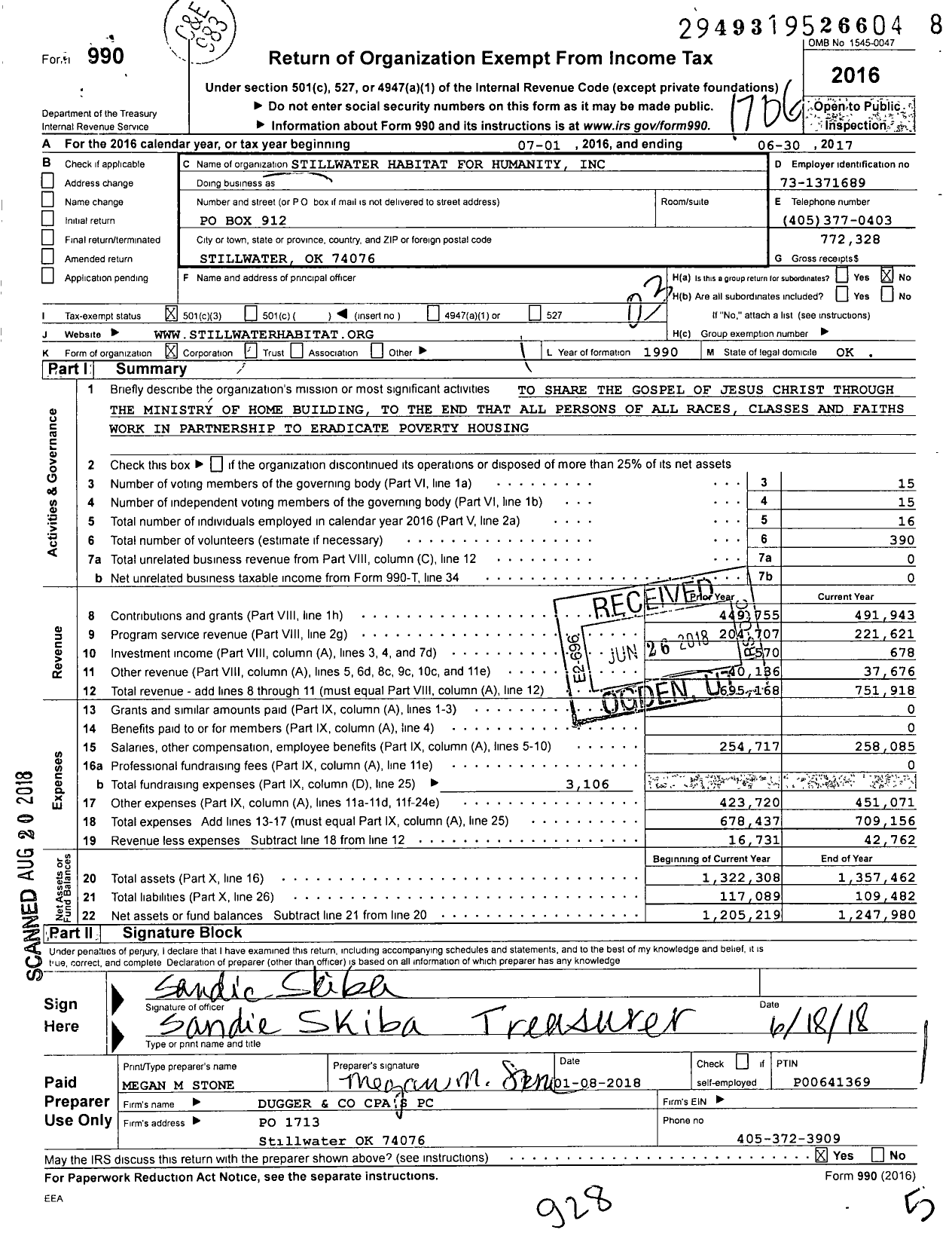 Image of first page of 2016 Form 990 for Stillwater Habitat for Humanity