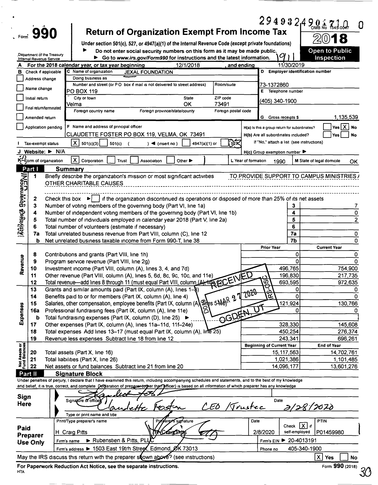 Image of first page of 2018 Form 990 for Jexal Foundation