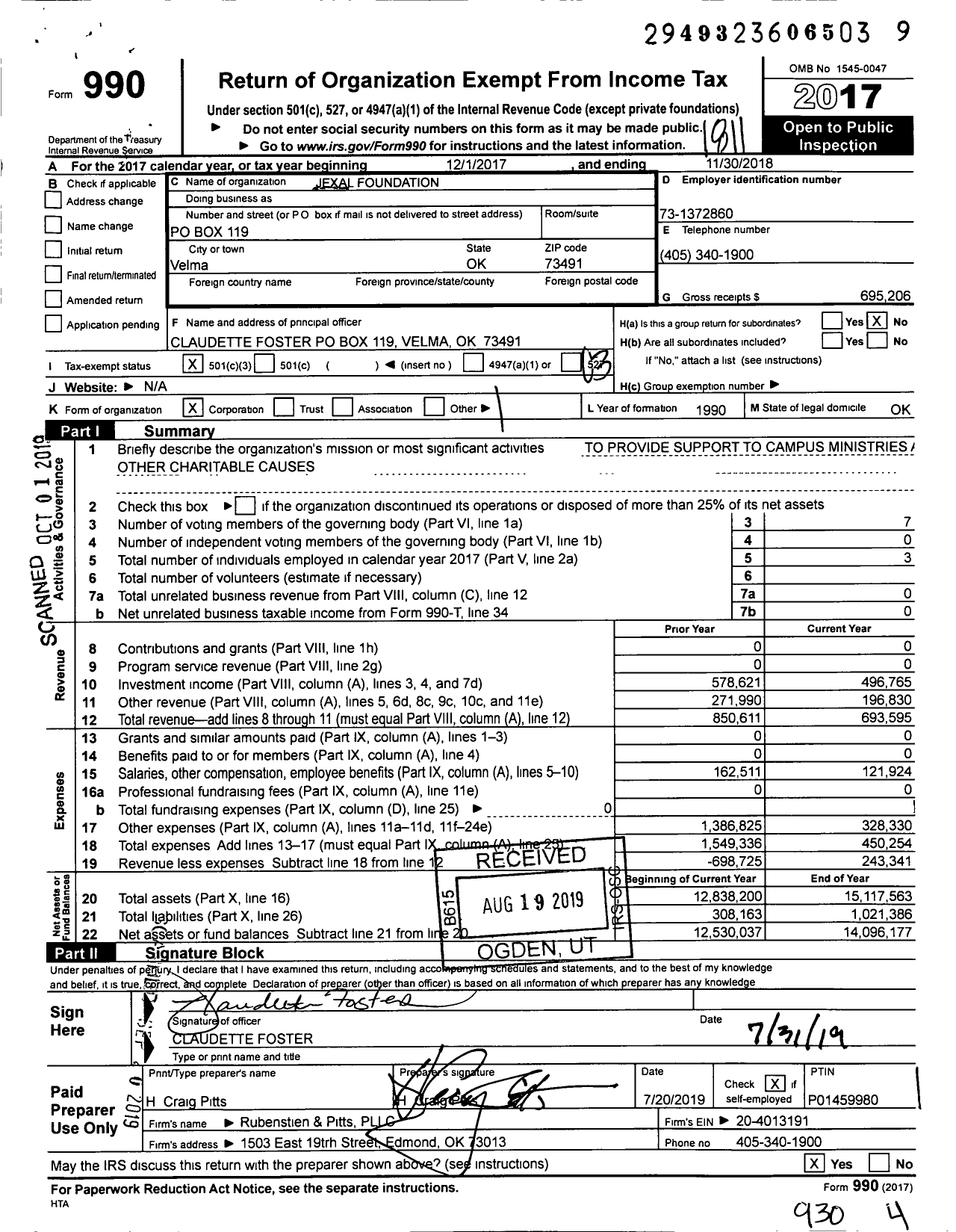 Image of first page of 2017 Form 990 for Jexal Foundation