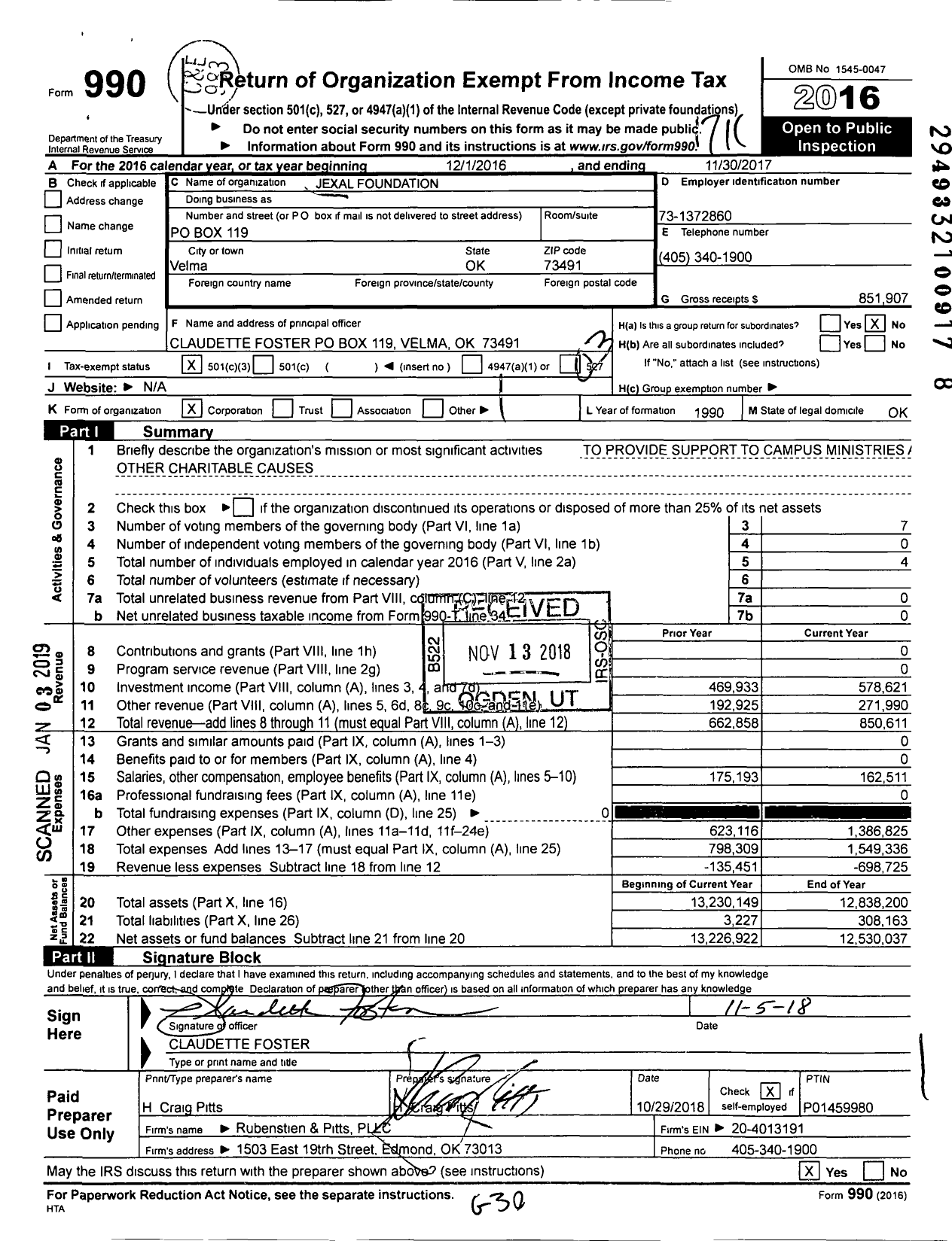 Image of first page of 2016 Form 990 for Jexal Foundation