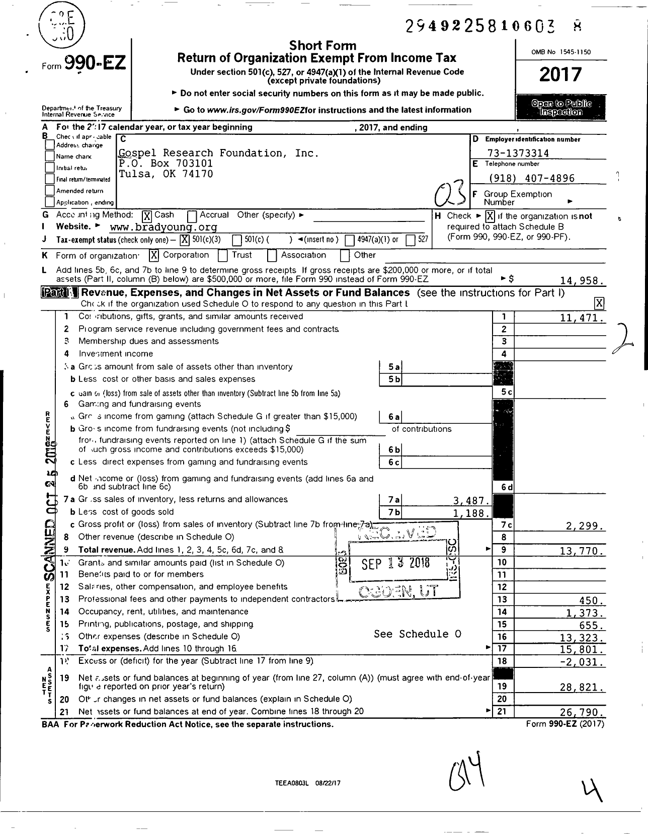 Image of first page of 2017 Form 990EZ for Gospel Research Foundation