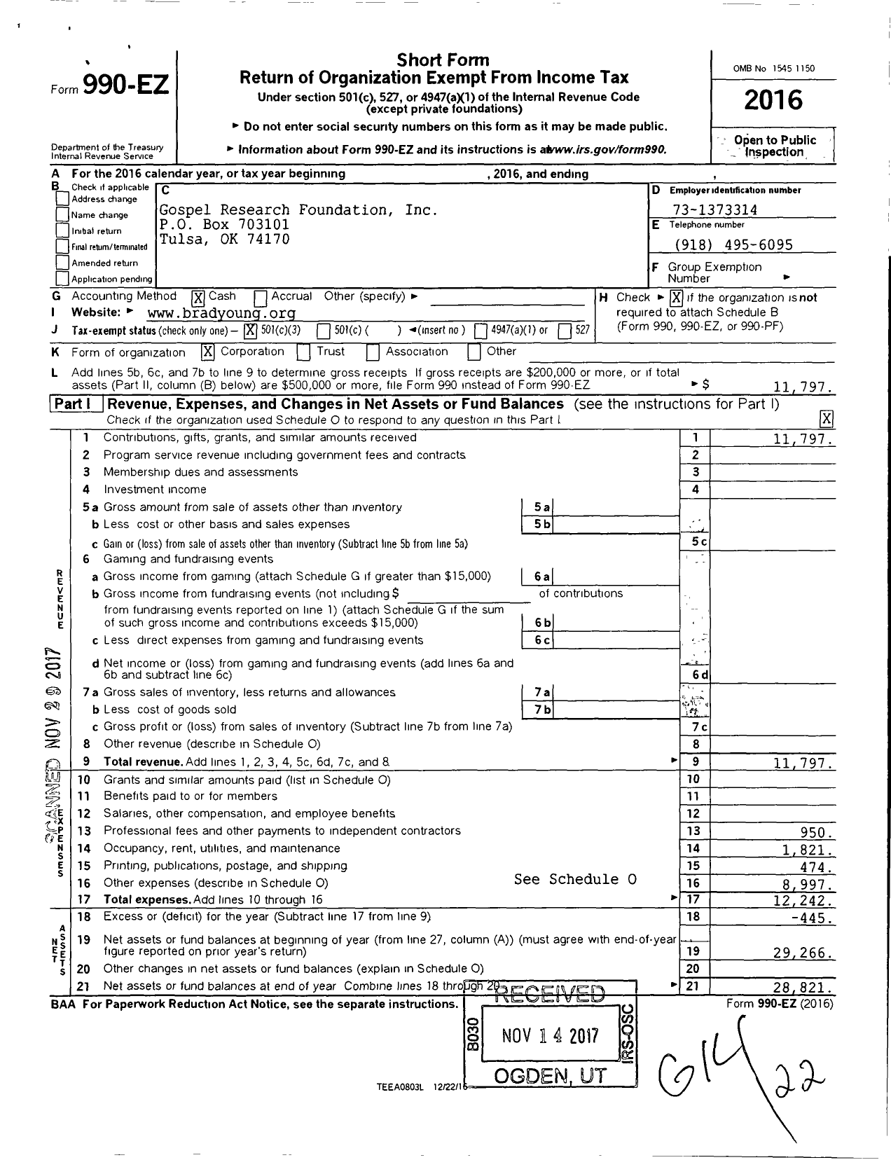 Image of first page of 2016 Form 990EZ for Gospel Research Foundation