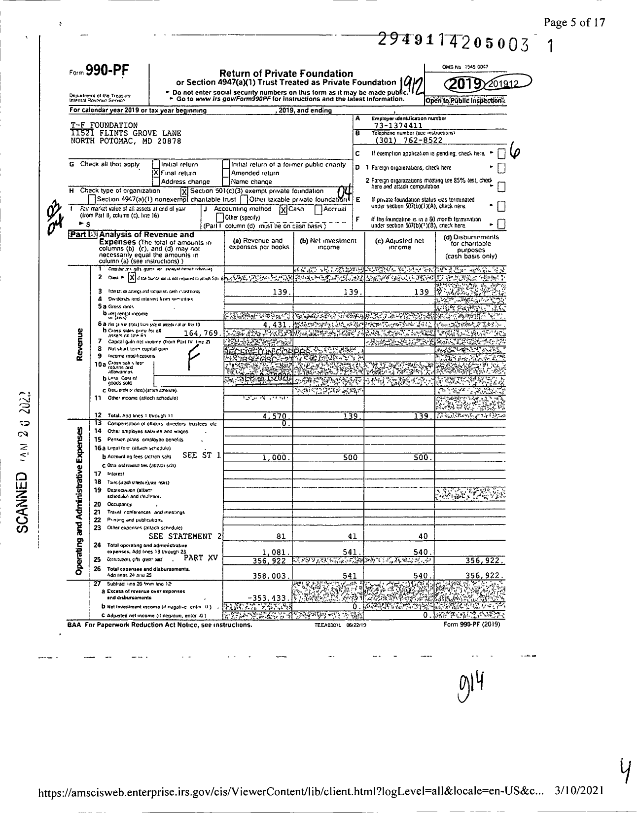 Image of first page of 2019 Form 990PF for T-F Foundation-Co Andrew M Wolov Hall Estill Attorneys