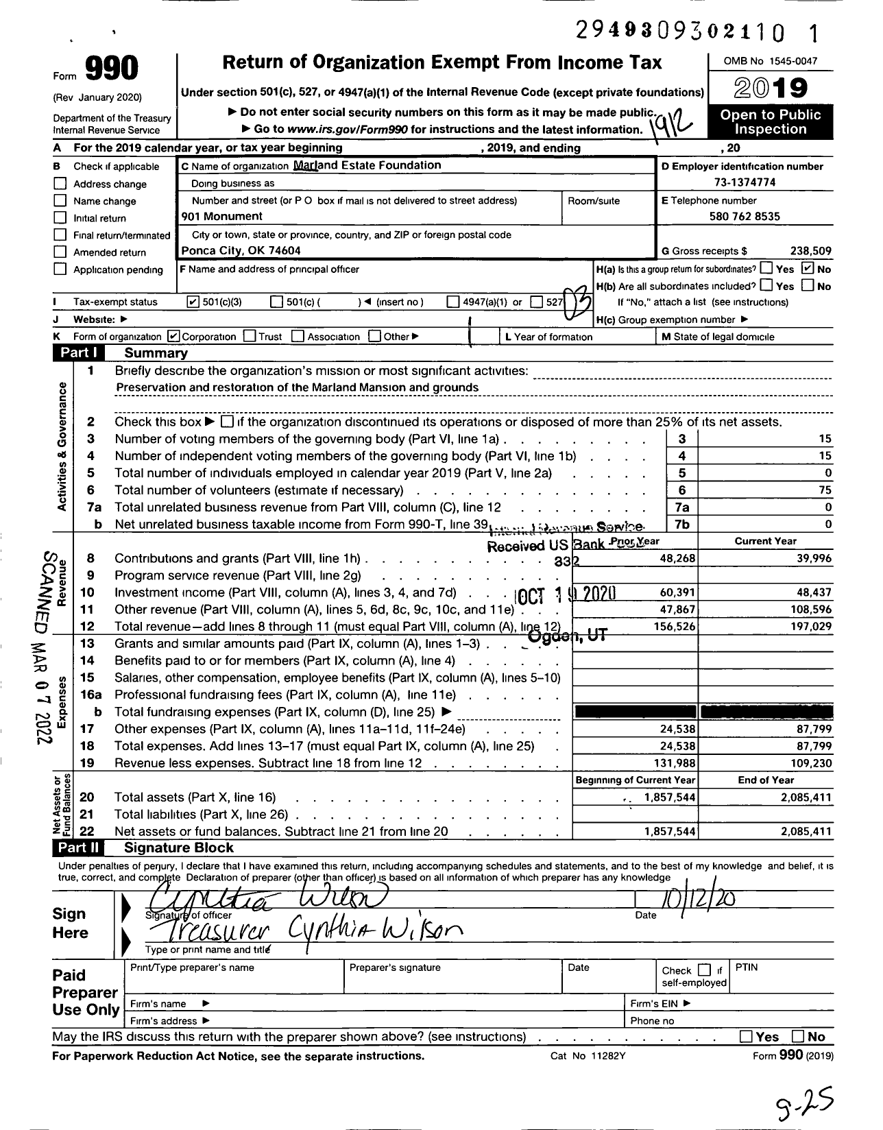 Image of first page of 2019 Form 990 for Marland Estate Foundation