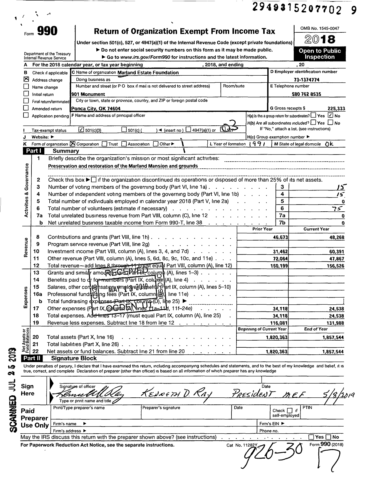 Image of first page of 2018 Form 990 for Marland Estate Foundation