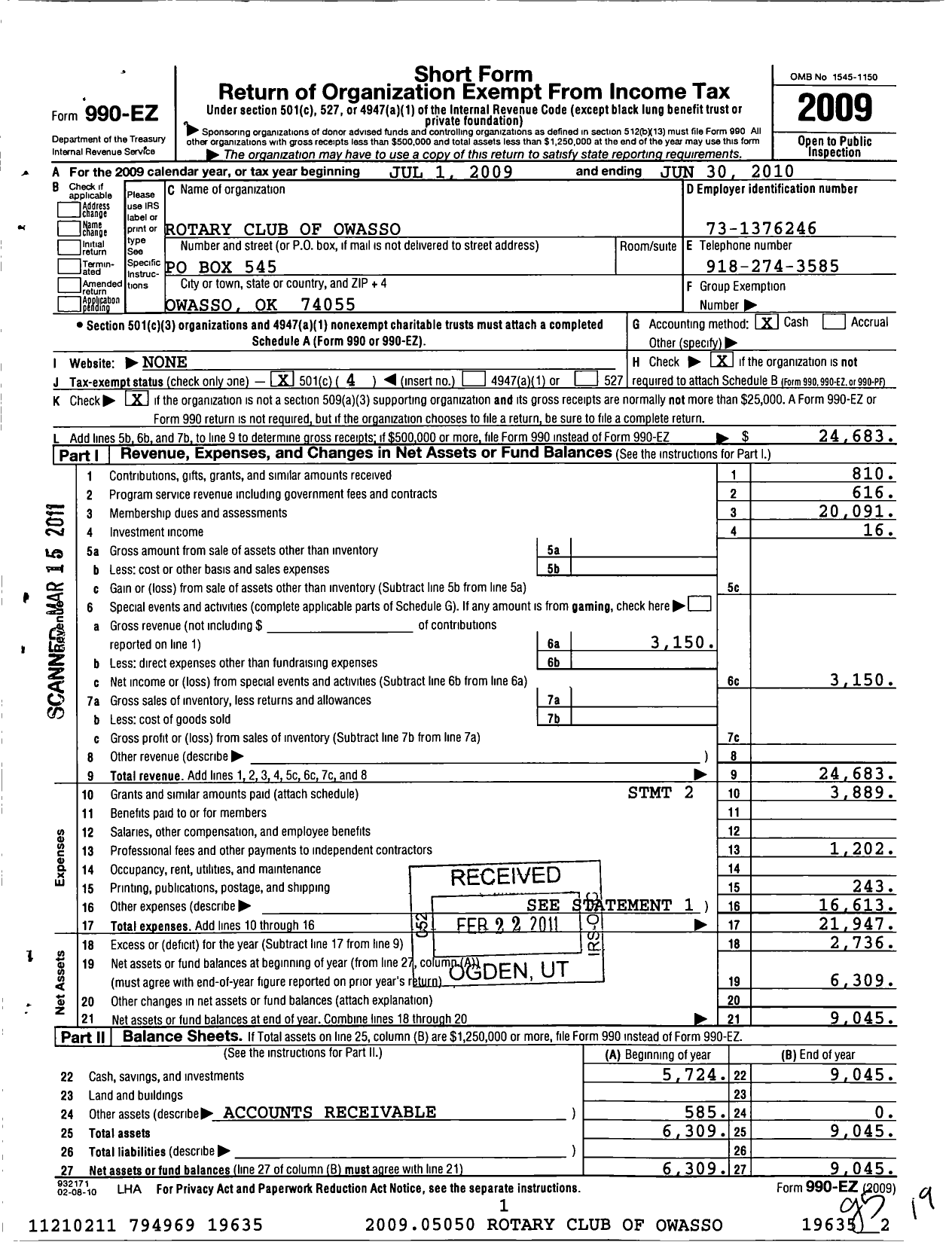 Image of first page of 2009 Form 990EO for Rotary International - Owasso Rotary Club