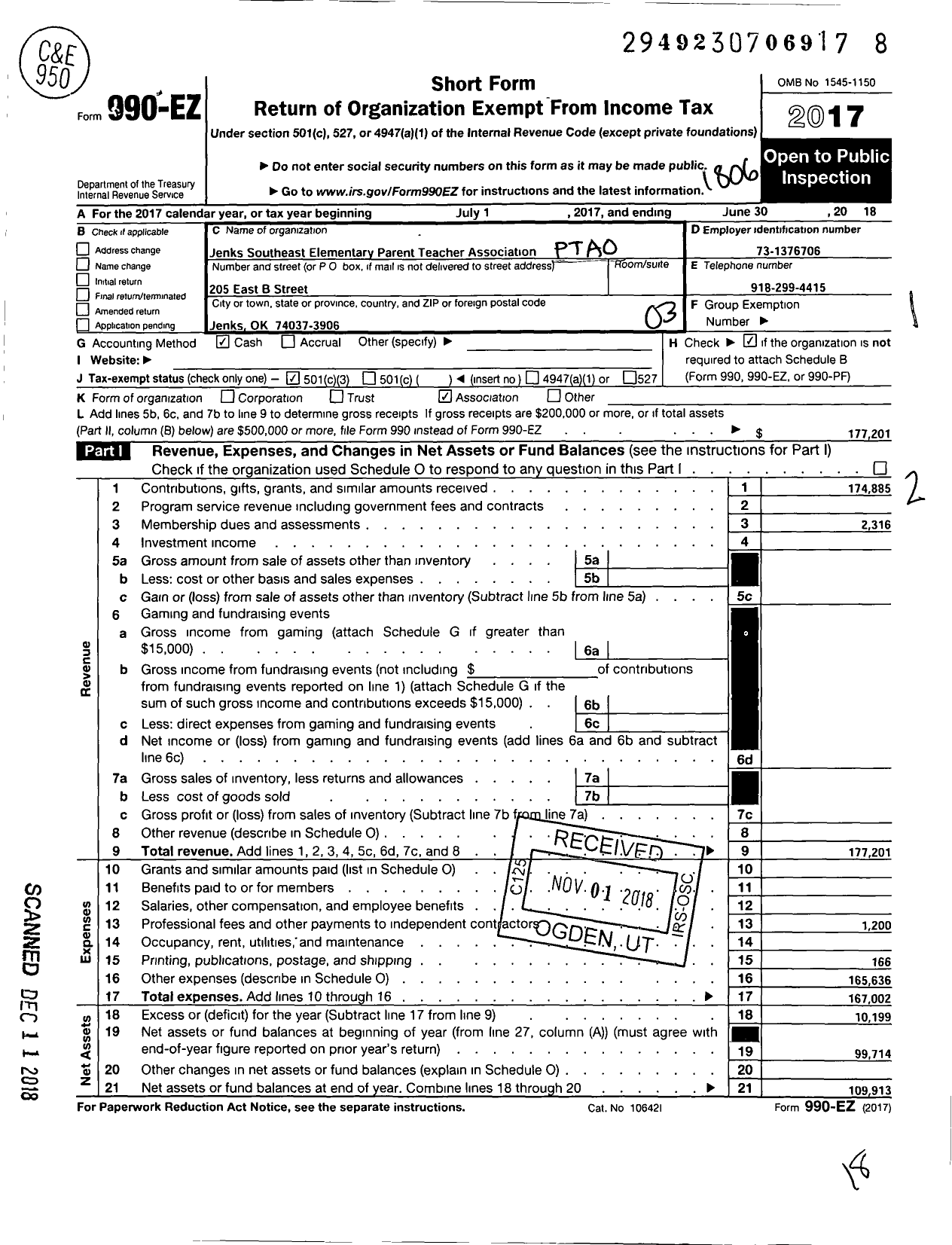 Image of first page of 2017 Form 990EZ for PTA Oklahoma Congress / Southeast Elementary