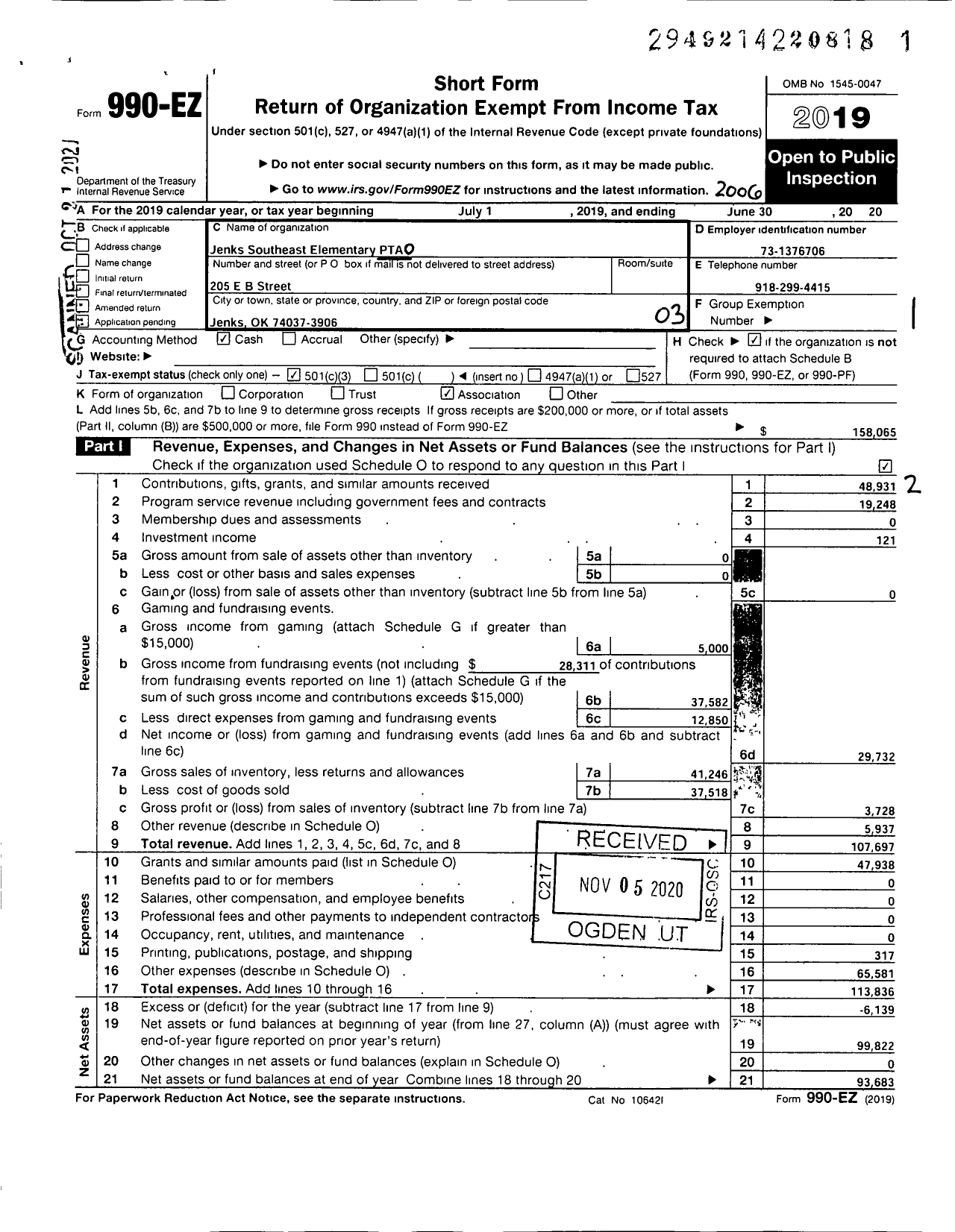 Image of first page of 2019 Form 990EZ for PTA Oklahoma Congress / Southeast Elementary