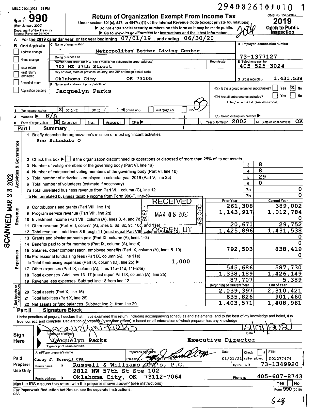 Image of first page of 2019 Form 990 for Metropolitan Better Living Center