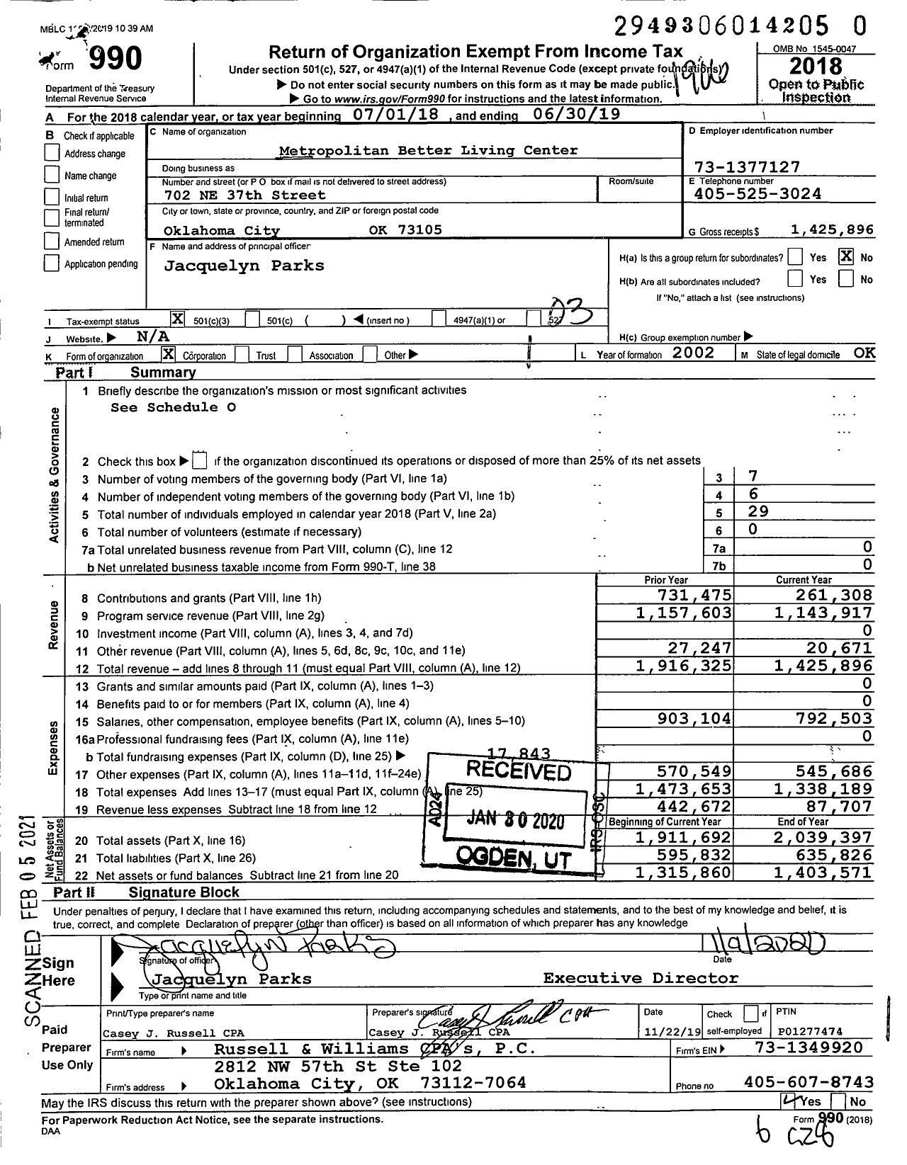 Image of first page of 2018 Form 990 for Metropolitan Better Living Center