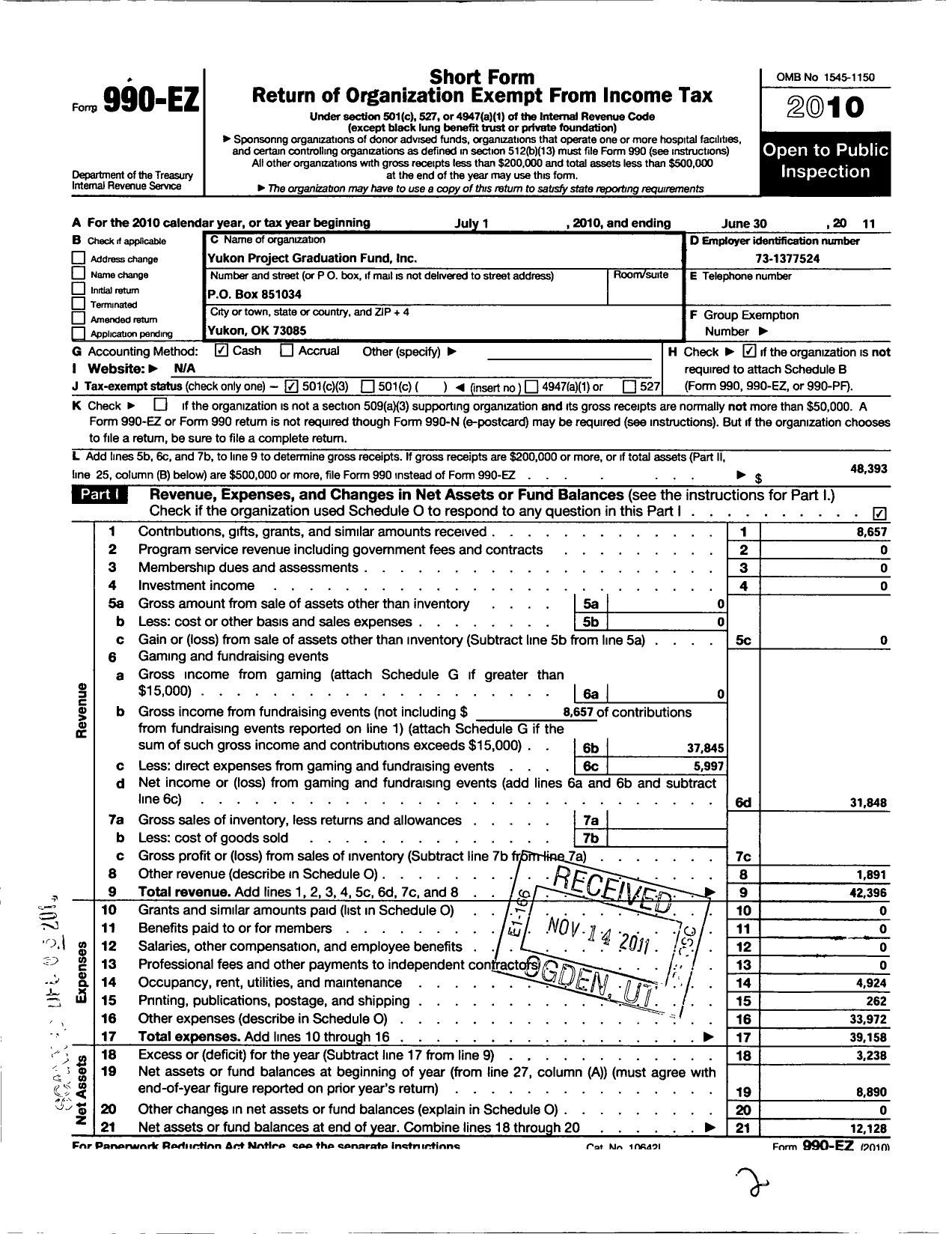 Image of first page of 2010 Form 990EZ for Yukon Project Graduation Fund