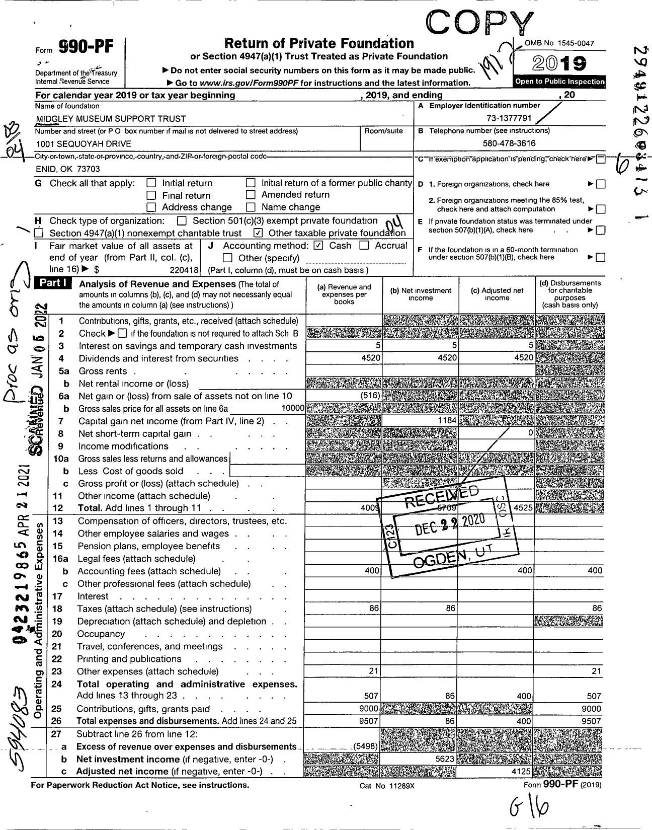 Image of first page of 2019 Form 990PF for Midgley Museum Support Trust