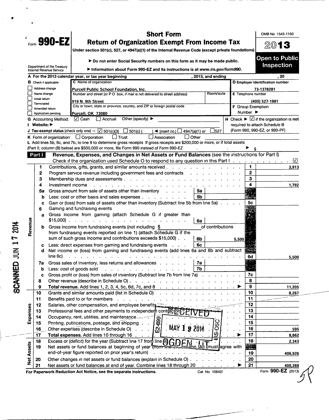 Image of first page of 2013 Form 990EZ for Purcell Public Schools Foundation