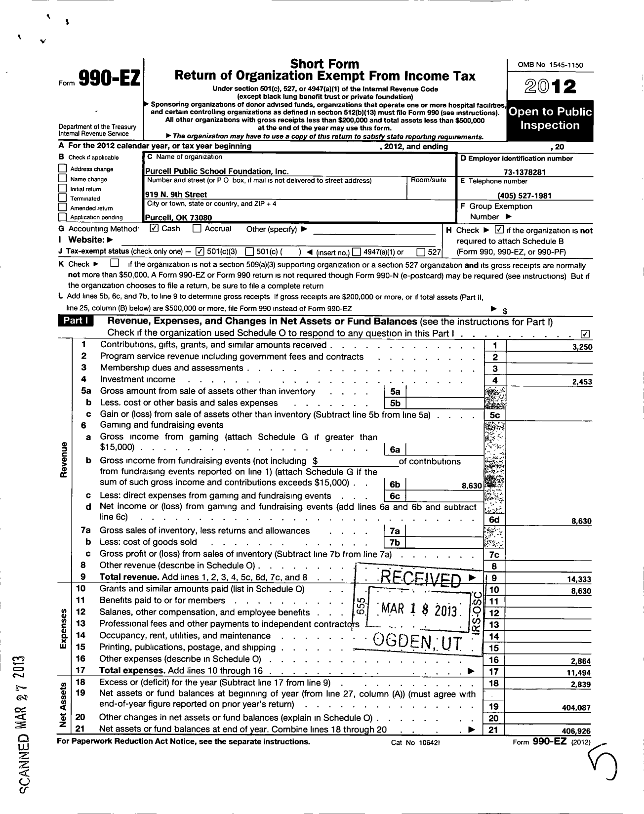 Image of first page of 2012 Form 990EZ for Purcell Public Schools Foundation