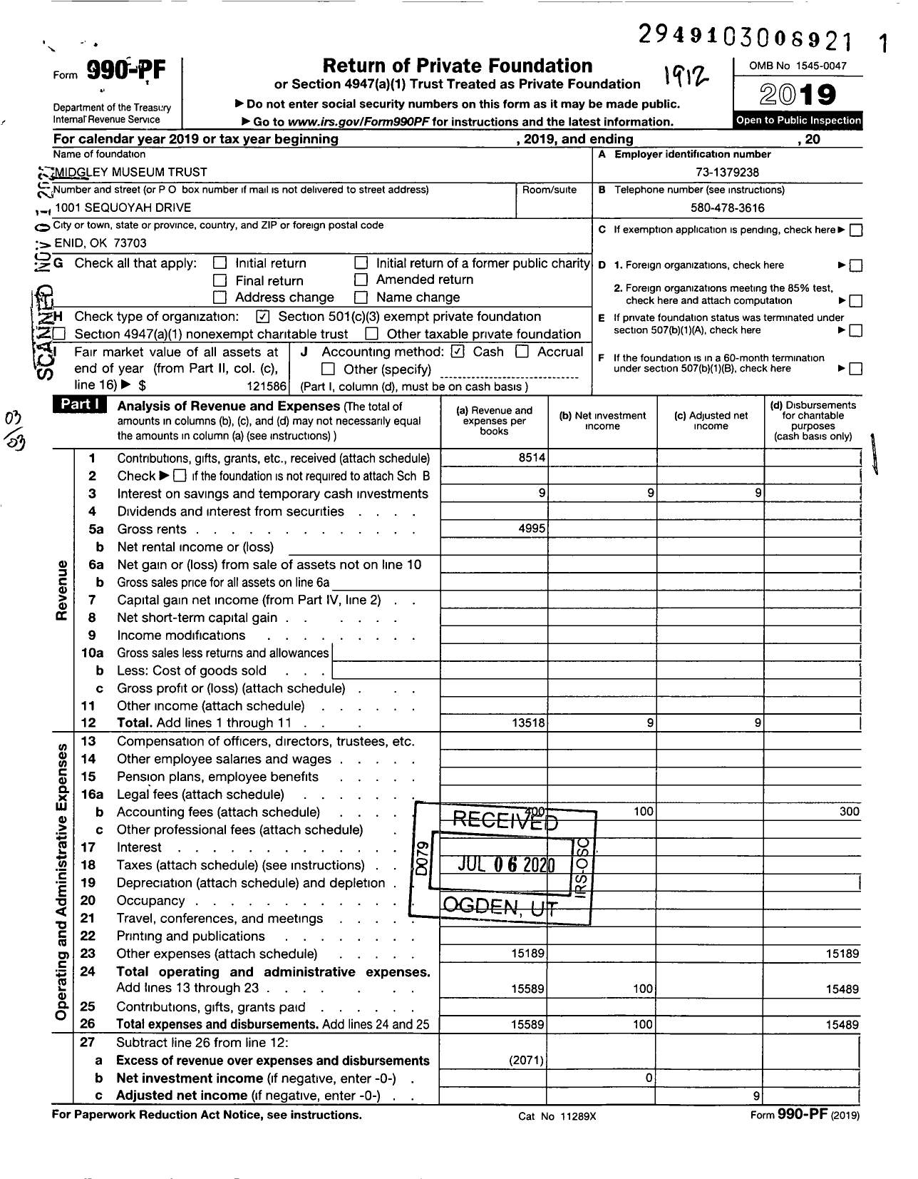 Image of first page of 2019 Form 990PF for Mr and MRS Dan Midgley Museum Trust