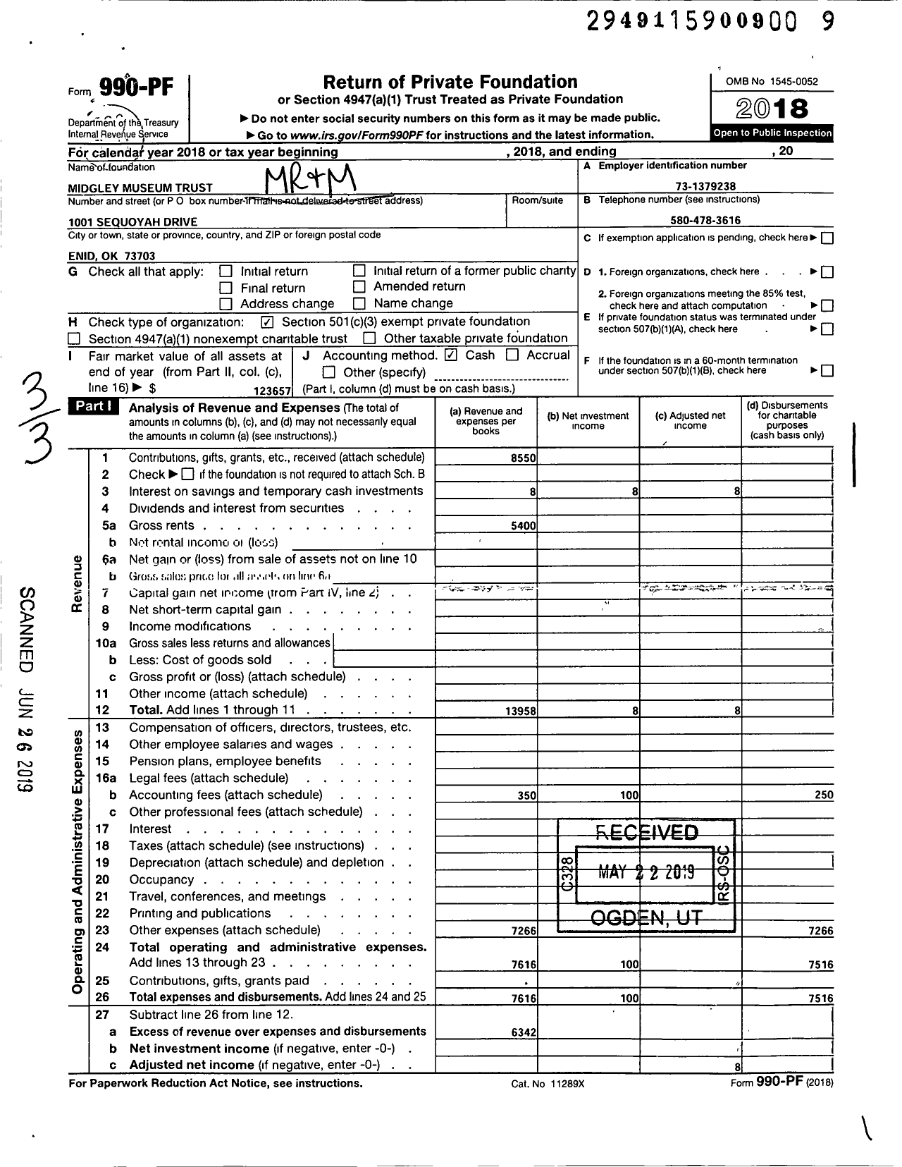 Image of first page of 2018 Form 990PF for Mr and MRS Dan Midgley Museum Trust