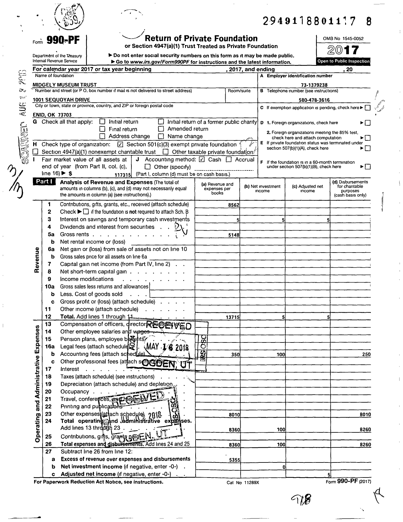 Image of first page of 2017 Form 990PF for Mr and MRS Dan Midgley Museum Trust