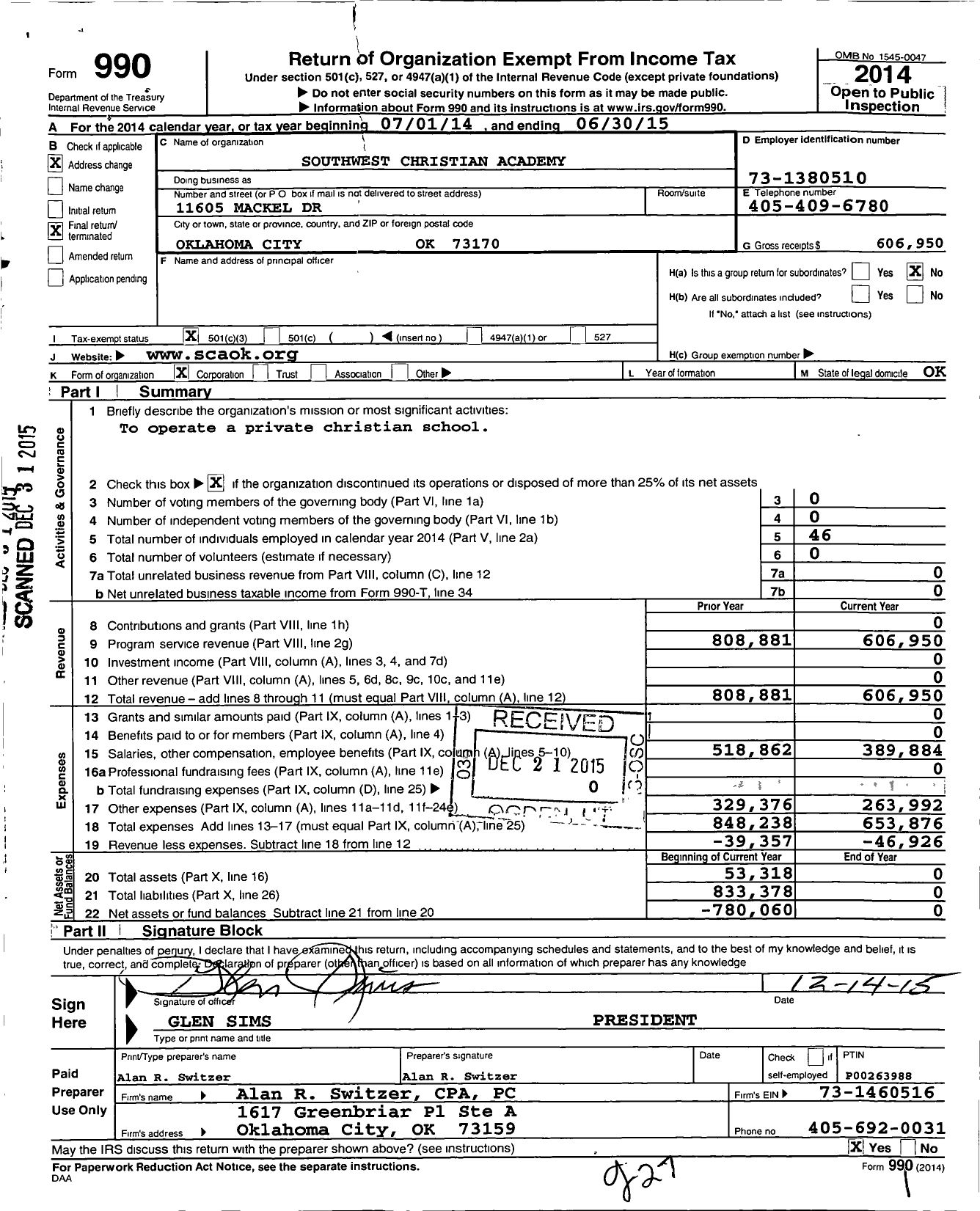 Image of first page of 2014 Form 990 for Southwest Christian Academy