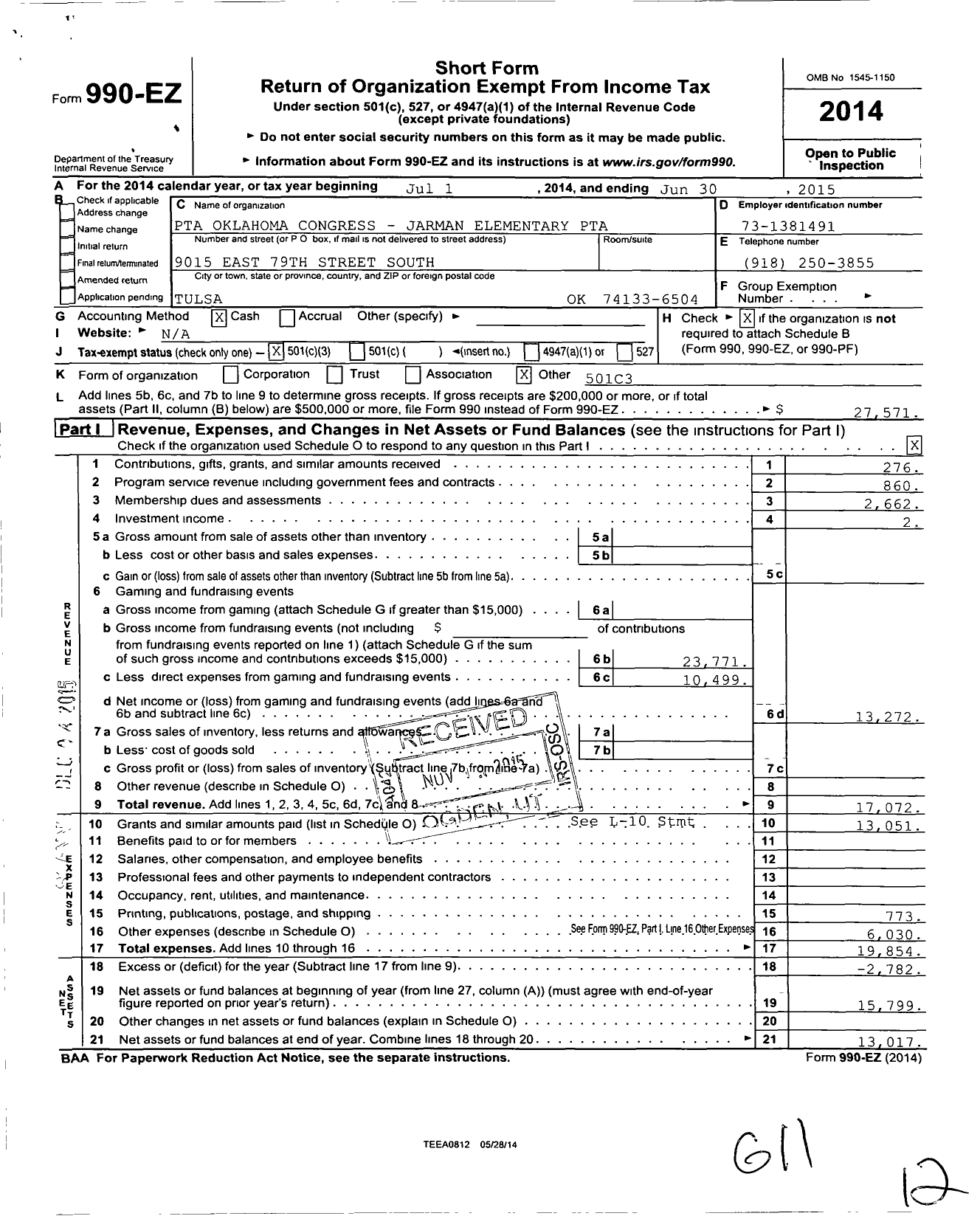 Image of first page of 2014 Form 990EZ for PTA Oklahoma Congress / Jarman PTA