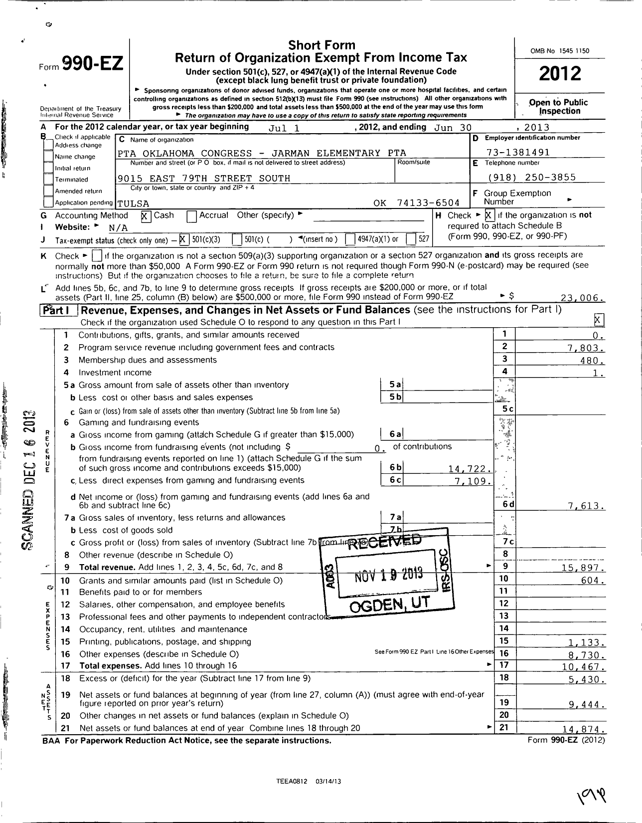 Image of first page of 2012 Form 990EZ for PTA Oklahoma Congress / Jarman PTA